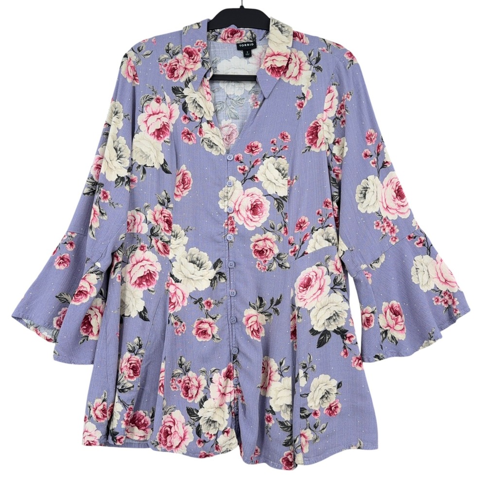 Torrid Floral Button Down Peplum Blouse Womens 2 Rayon Spandex Purple‎